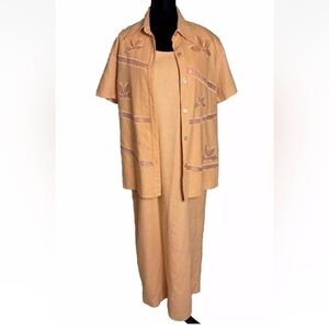Vintage ISC Dress And Jacket Set Linen Blend L Orange Maxi Sleeveless Lagenlook